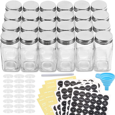 24 quadratisches Glasgewürz der PC-4oz rüttelt Behälter mit Gewürz-Aufklebern
